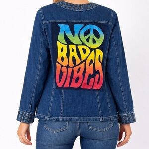 Quacker Factory Custom Denim Jacket No Bad Vibes Peace Rhinestone boho Sz M